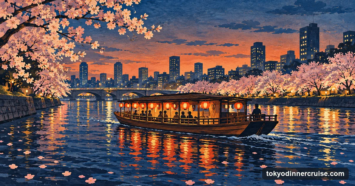 Illustration: a lantern-lit yakatabune on a river at dusk, passing banks lined with pale pink cherry trees in full bloom