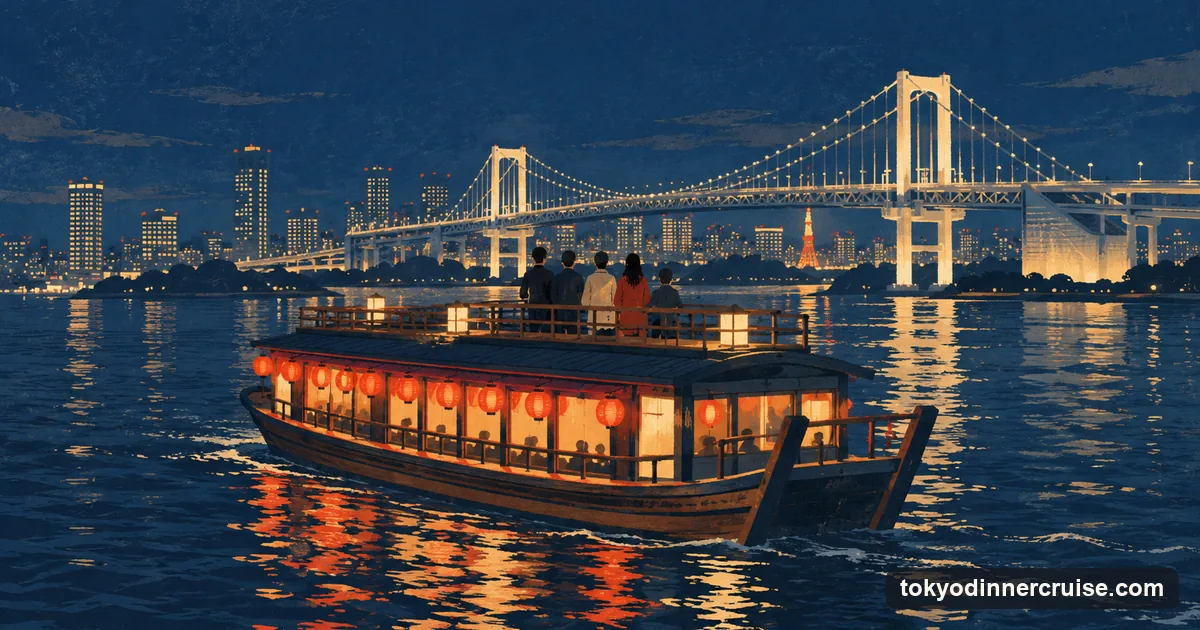 Illustration: guests seen from behind on the flat roof deck of a yakatabune at night, looking at the lit Rainbow Bridge across the bay