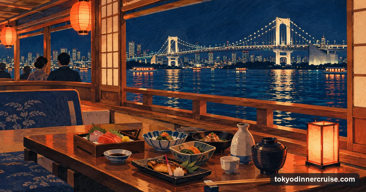 Illustration: a low table on a yakatabune laid with a Japanese course, a small cup of sake and a lantern, with the lit Rainbow Bridge through the window