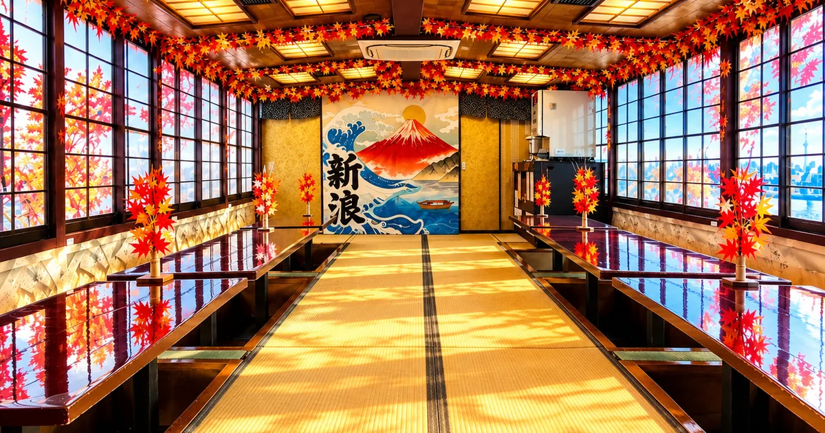The long tatami dining room of a yakatabune houseboat, with low tables and autumn maple decorations