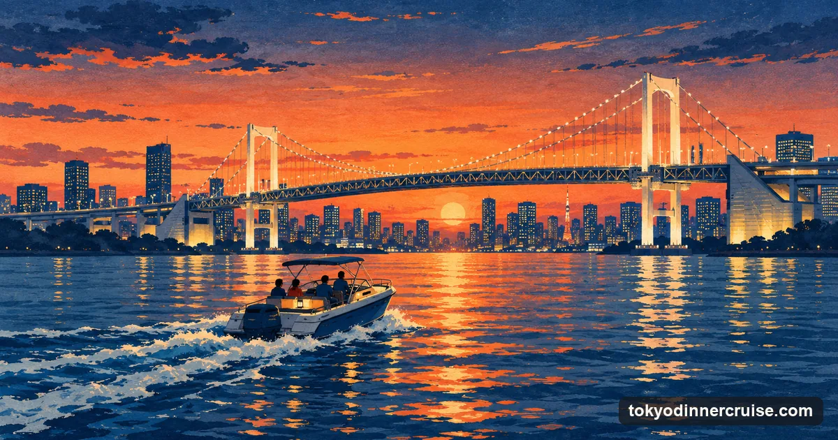 Illustration: a small motorboat crossing Tokyo Bay at sunset beneath the Rainbow Bridge, with the city skyline glowing on the horizon