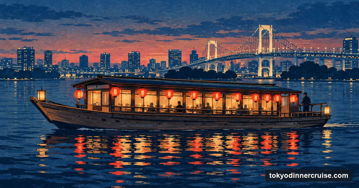 Illustration: a long wooden yakatabune houseboat with a roofed cabin and a row of red lanterns, gliding on dark water at dusk