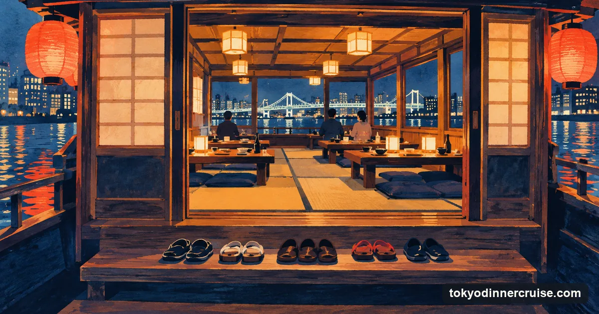 Illustration: a neat row of shoes left at the entrance of a yakatabune cabin, with a tatami floor and low tables inside
